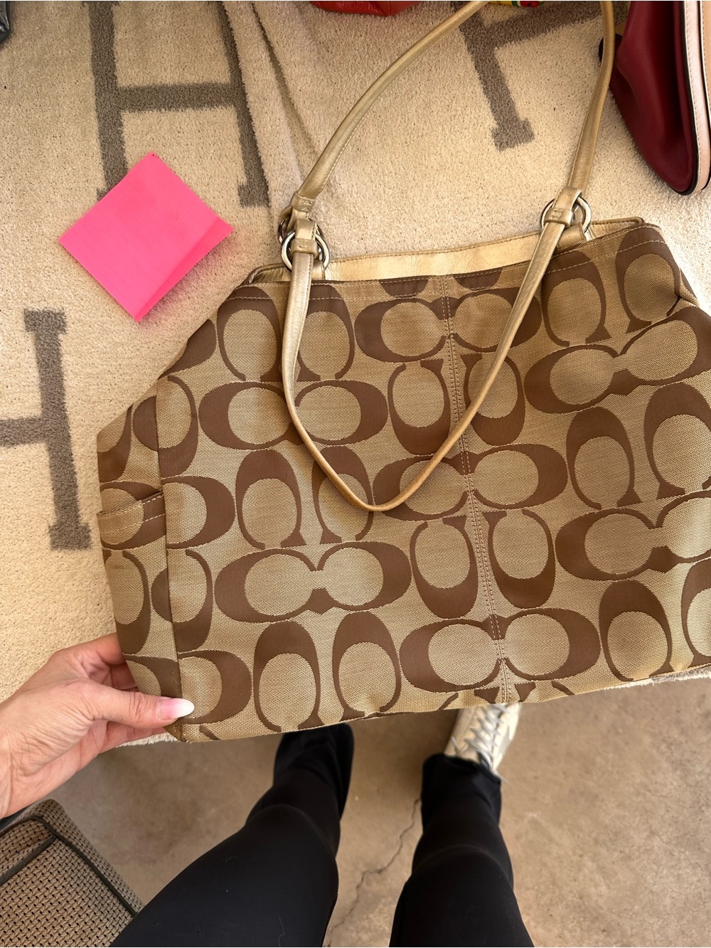 Coach Brown Signature Canvas Shoulder Tote with Tan Straps